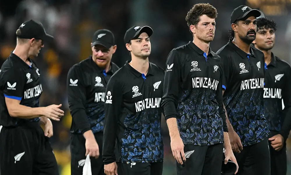 New Zealand&rsquo;s captain Mitchell Santner (3R) walks off the ground with his teammates following their win during the 2026 ICC Men&rsquo;s T20 Cricket World Cup Super Eights match between Sri Lanka and New Zealand at the R Premadasa Stadium in Colombo on February 25, 2026. Photo: AFP