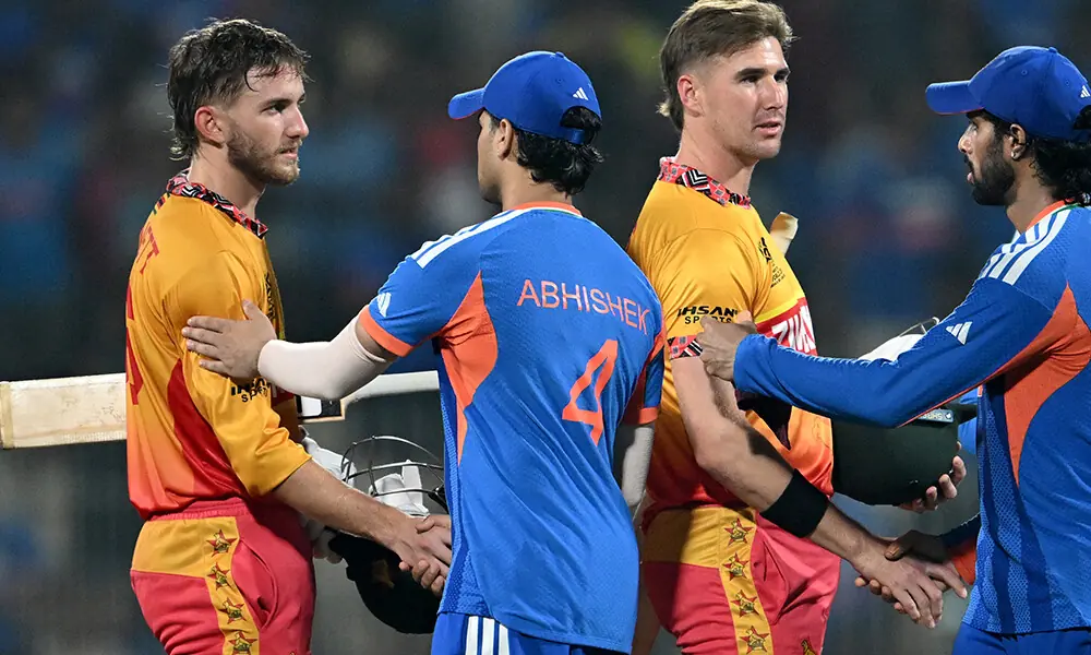 Zimbabwe&rsquo;s players congratulate India&rsquo;s Tilak Varma (R) and Abhishek Sharma after their win in the 2026 ICC Men&rsquo;s T20 Cricket World Cup Super Eights match between India and Zimbabwe at the MA Chidambaram Stadium in Chennai on February 26, 2026. Photo: AFP
