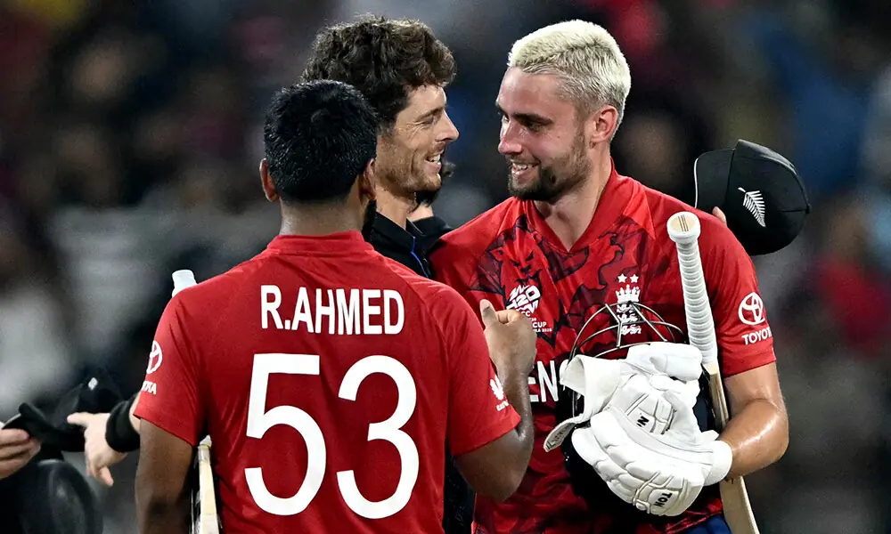 New Zealand&rsquo;s captain Mitchell Santner (C) congratulates England&rsquo;s Will Jacks (R) after their win in the 2026 ICC Men&rsquo;s T20 Cricket World Cup Super Eights match between England and New Zealand at the R Premadasa Stadium in Colombo on February 27, 2026. Photo: AFP