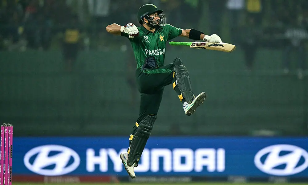 Pakistan&rsquo;s Sahibzada Farhan celebrates after scoring a century (100 runs) during the 2026 ICC Men&rsquo;s T20 Cricket World Cup Super Eights match between Sri Lanka and Pakistan at the Pallekele International Cricket Stadium in Kandy on February 28, 2026. Photo: AFP