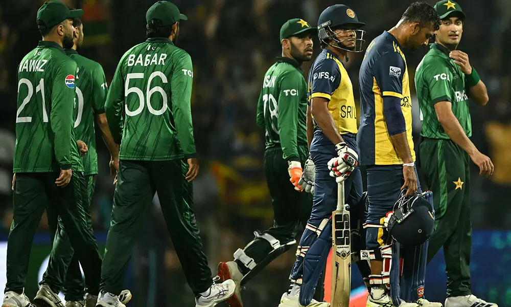 Sri Lanka&rsquo;s captain Dasun Shanaka (2R) and Dunith Wellalage (3R) walk back to the pavilion as Pakistan&rsquo;s Naseem Shah (R) looks on at the end of the 2026 ICC Men&rsquo;s T20 Cricket World Cup Super Eights match between Sri Lanka and Pakistan at the Pallekele International Cricket Stadium in Kandy on February 28, 2026. Photo: AFP