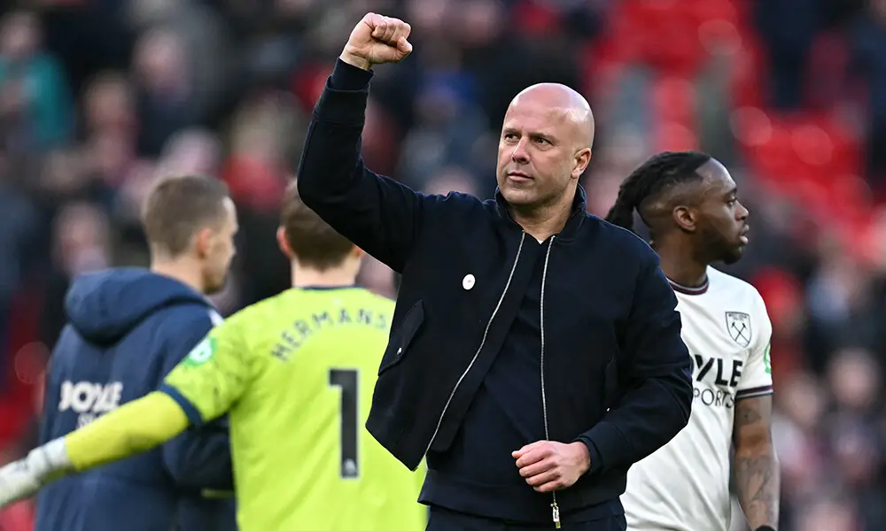 Liverpool&rsquo;s Dutch manager Arne Slot celebrates on the pitch after the English Premier League football match between Liverpool and West Ham United at Anfield in Liverpool, north west England on February 28, 2026. Photo: AFP