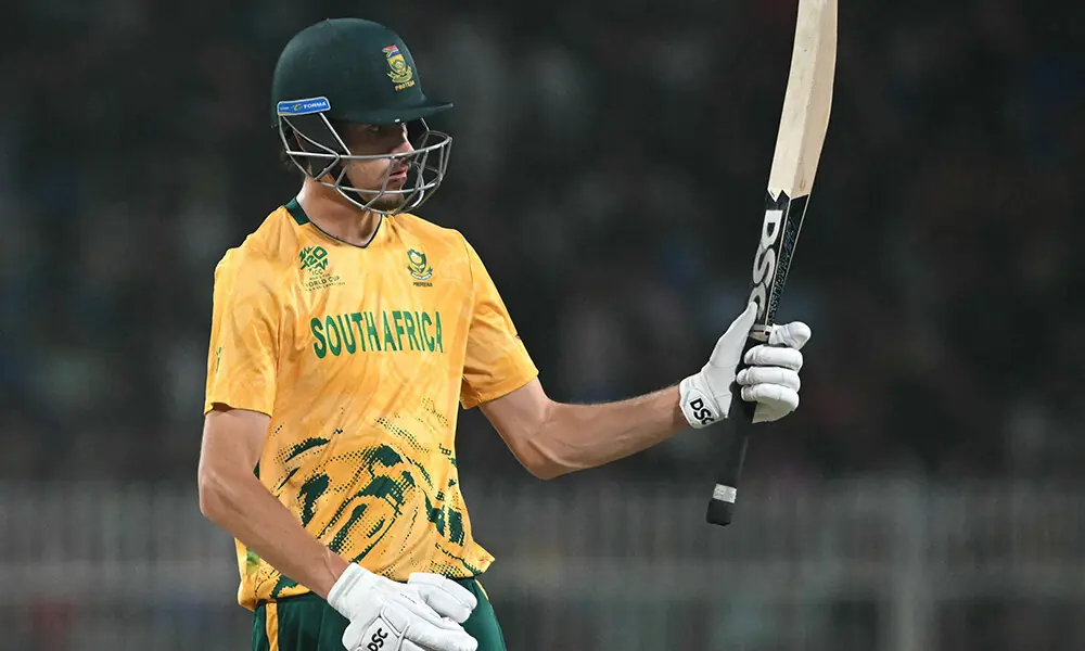 South Africa&rsquo;s Marco Jansen celebrates after scoring a half-century (50 runs) during the 2026 ICC Men&rsquo;s T20 Cricket World Cup semi-final match between New Zealand and South Africa at the Eden Gardens in Kolkata on March 4, 2026. Photo: AFP