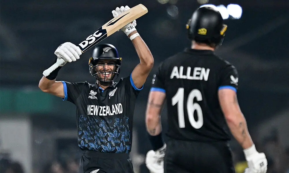 New Zealand&rsquo;s Rachin Ravindra (L) and Finn Allen celebrate their team&rsquo;s win at the end of the 2026 ICC Men&rsquo;s T20 Cricket World Cup semi-final match between New Zealand and South Africa in the Eden Gardens of Kolkata on March 4, 2026. Photo: AFP