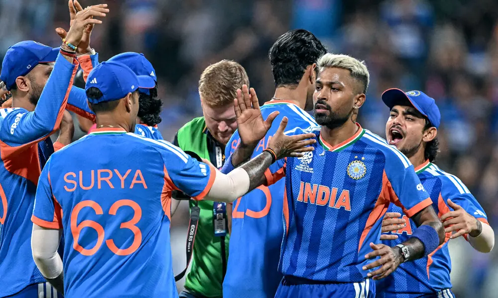 India&rsquo;s players celebrate after their team&rsquo;s win in the 2026 ICC Men&rsquo;s T20 Cricket World Cup semi-final match against England at the Wankhede Stadium in Mumbai on March 5, 2026. Photo: AFP