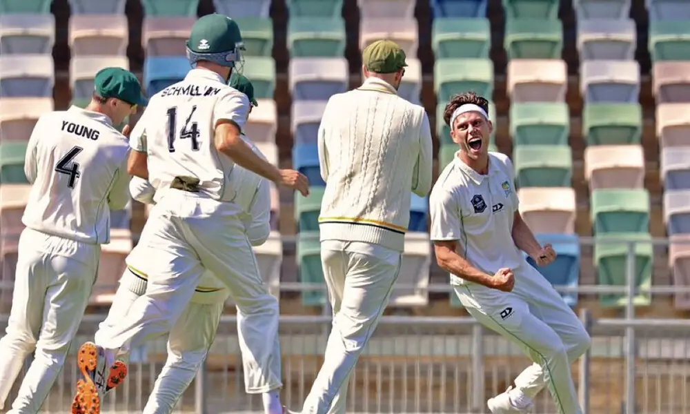 Fast bowler Brett Randell (Right) celebrates after getting 5 wickets in 5 consecutive balls. Photo: X Fast bowler Brett Randell (Right) celebrates after getting 5 wickets in 5 consecutive balls. Photo: X