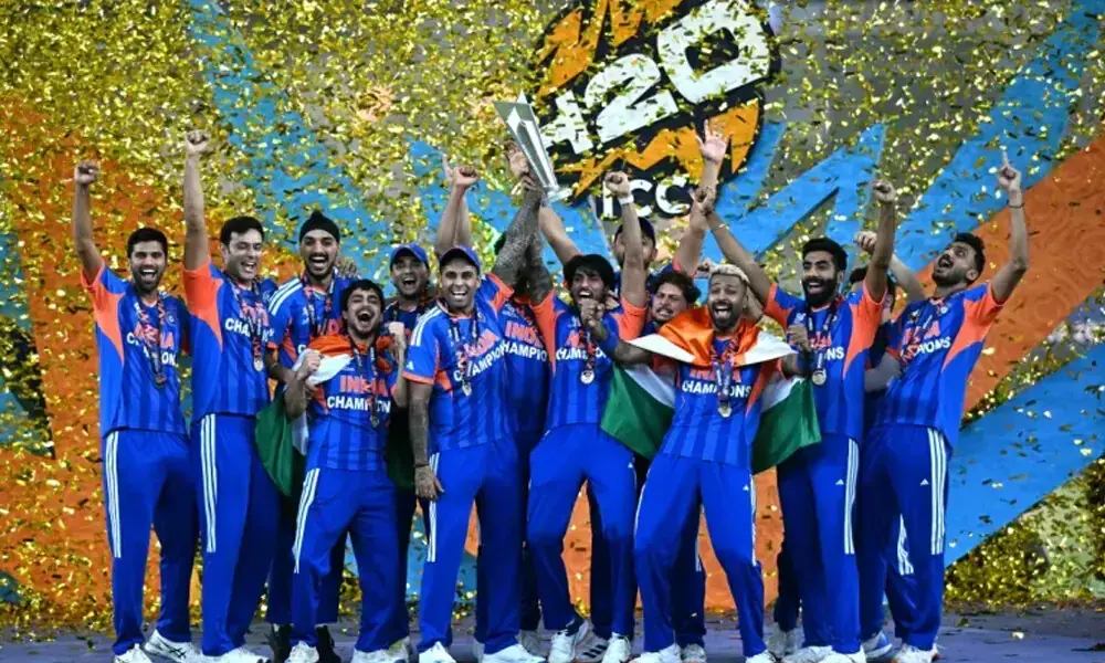 India&rsquo;s players celebrate after winning the 2026 ICC Men&rsquo;s T20 Cricket World Cup final match against New Zealand at the Narendra Modi Stadium in Ahmedabad on March 8, 2026. Photo: AFP