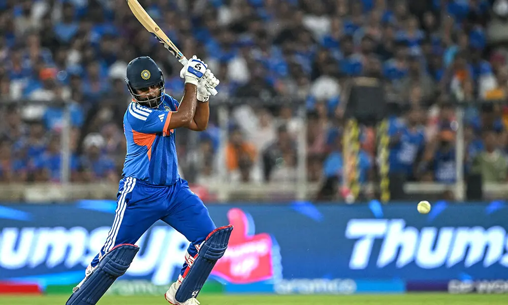 India&rsquo;s Sanju Samson plays a shot during the 2026 ICC Men&rsquo;s T20 Cricket World Cup final match between India and New Zealand at the Narendra Modi Stadium in Ahmedabad on March 8, 2026. Photo: AFP
