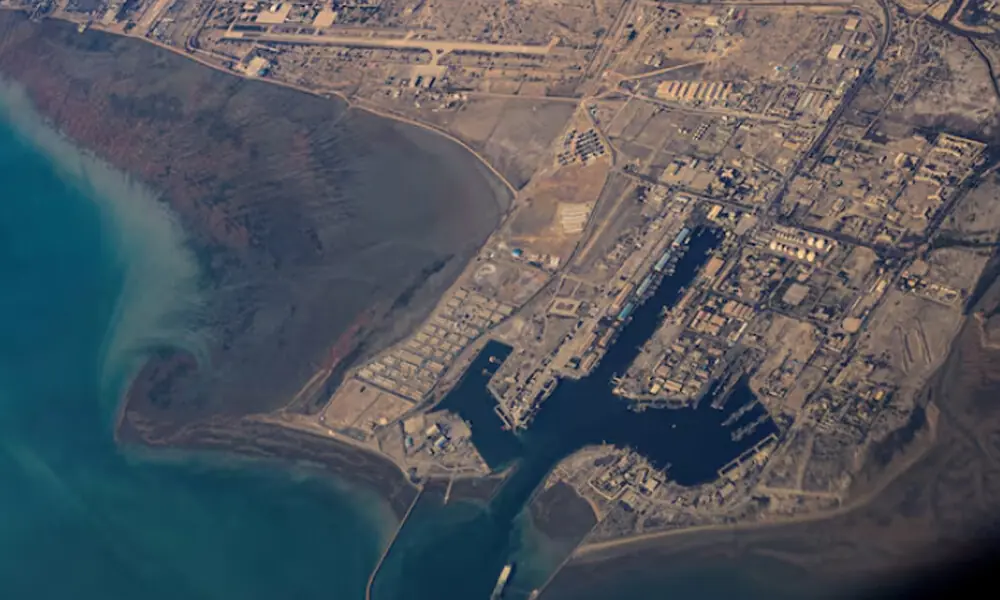 An aerial view of the Iranian shores and Port of Bandar Abbas in the strait of Hormuz, December 10, 2023. REUTERS