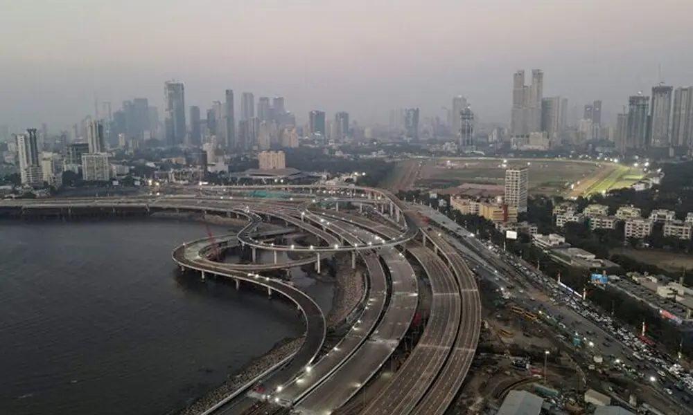 A drone view of the construction work of the upcoming coastal road in Mumbai, India, March 7, 2024. File Photo: Reuters