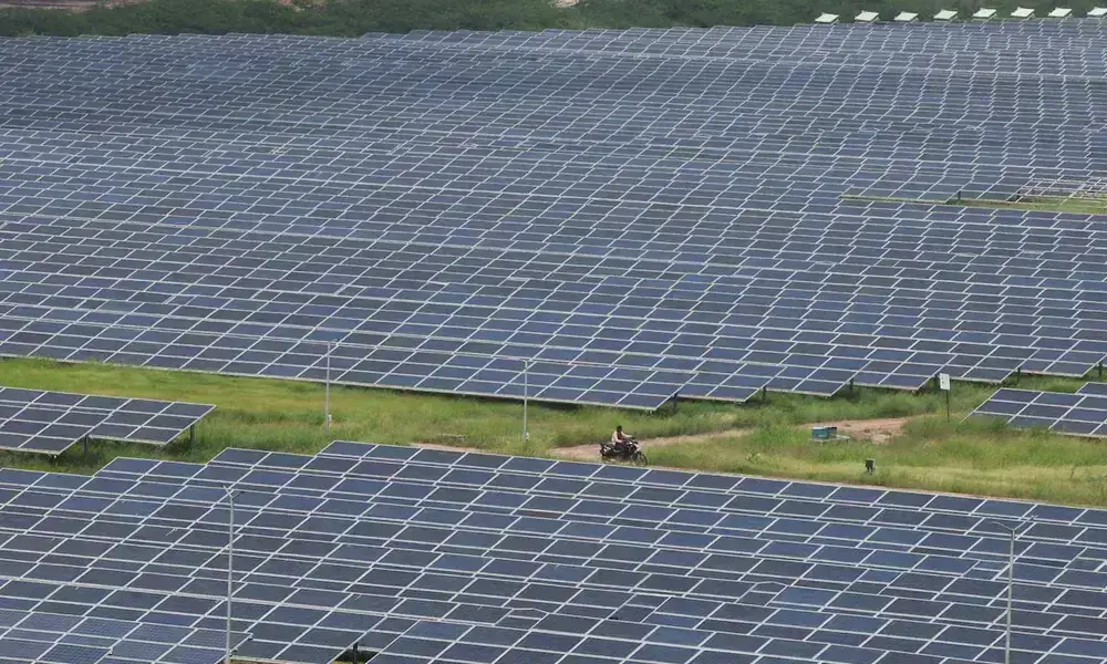 A man rides a motorcycle along the solar panels in Gujarat Solar Park also called Charanka Solar Park at Patan district in Gujarat, India September 12, 2024. File Photo: Reuters A man rides a motorcycle along the solar panels in Gujarat Solar Park also called Charanka Solar Park at Patan district in Gujarat, India September 12, 2024. File Photo: Reuters