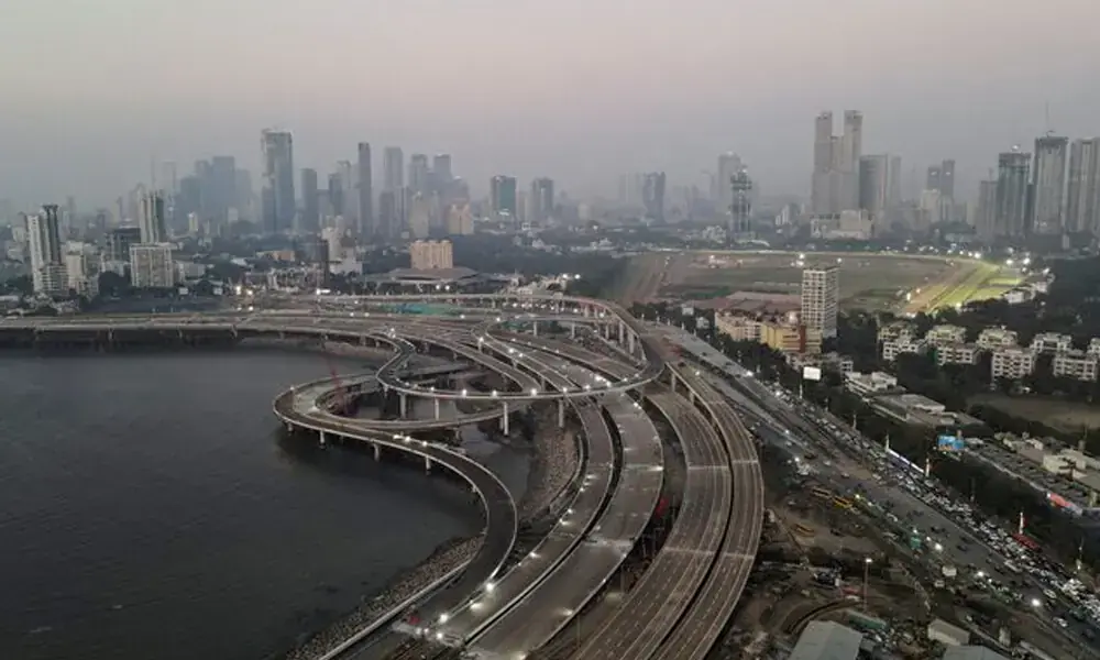 A drone view of the construction work of the upcoming coastal road in Mumbai, India, March 7, 2024. File Photo: Reuters