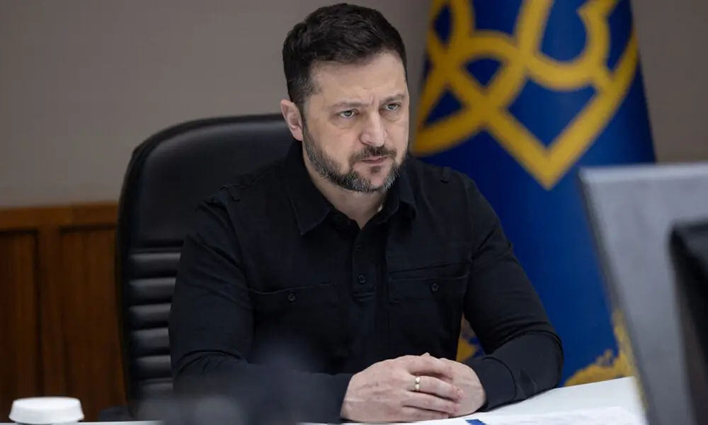 This handout picture taken and released by the Ukrainian Presidential press-service on March 19, 2026 shows Ukraine&rsquo;s President Volodymyr Zelensky speaking from Kyiv to EU leaders via video link during a rountable of the EU Summit at the EU headquarters in Brussels. File Photo: AFP