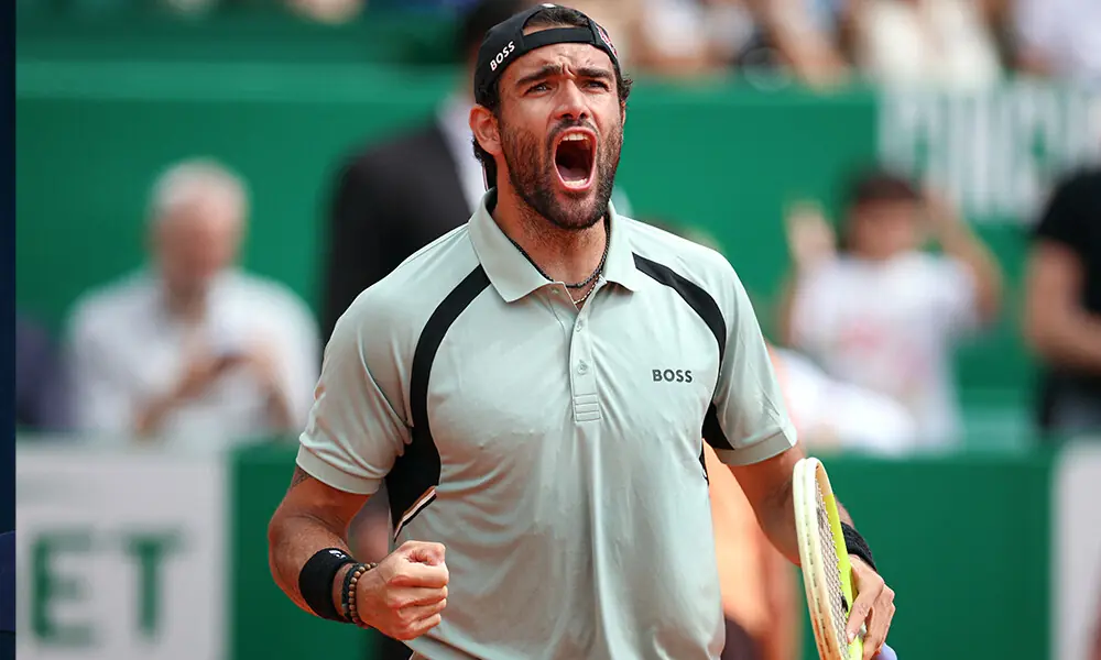 Italy&rsquo;s Matteo Berrettini celebrates after winning against Russia&rsquo;s Daniil Medvedev during the Monte Carlo ATP Masters Series Tournament round of 32 tennis match on Court Rainier III at the Monte-Carlo Country Club in Roquebrune-Cap-Martin, south-eastern France on April 8, 2026.
