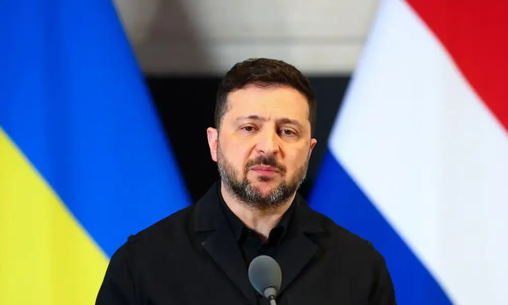 Ukraine&rsquo;s President Volodymyr Zelenskiy attends a press conference with Dutch Prime Minister Rob Jetten (not pictured), after the Four Freedoms Awards ceremony, in Middelburg, Netherlands, April 16, 2026. REUTERS