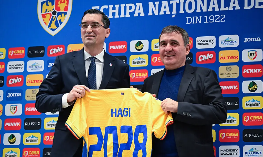 Romanian Football Federation president Razvan Burleanu (L) and the newly appointed head coach of Romania’s national football team Gheorghe Hagi pose with a jersey during a press conference in Bucharest on April 20, 2026. Photo: AFP Romanian Football Federation president Razvan Burleanu (L) and the newly appointed head coach of Romania’s national football team Gheorghe Hagi pose with a jersey during a press conference in Bucharest on April 20, 2026. Photo: AFP