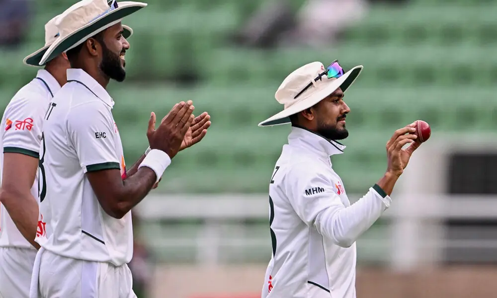 Bangladesh's Mehidy Hasan Miraz (R) acknowledges the crowd after taking a five-wicket haul during the third day of the first Test cricket match between Bangladesh and Pakistan at the Sher-e-Bangla National Stadium in Mirpur on May 10, 2026. Photo: AFP Bangladesh's Mehidy Hasan Miraz (R) acknowledges the crowd after taking a five-wicket haul during the third day of the first Test cricket match between Bangladesh and Pakistan at the Sher-e-Bangla National Stadium in Mirpur on May 10, 2026. Photo: AFP