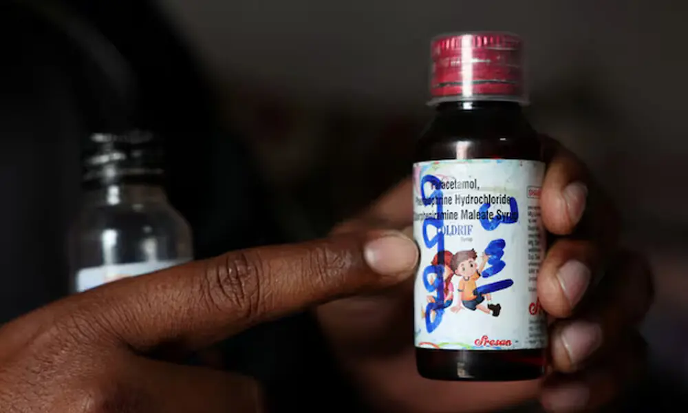 Saddam Mansuri shows a bottle of Coldrif cough syrup, which has been linked to the deaths of multiple children and which he had been giving to his one-year-old child, in Parasia, Madhya Pradesh, India, October 10, 2025. File Photo: Reuters Saddam Mansuri shows a bottle of Coldrif cough syrup, which has been linked to the deaths of multiple children and which he had been giving to his one-year-old child, in Parasia, Madhya Pradesh, India, October 10, 2025. File Photo: Reuters
