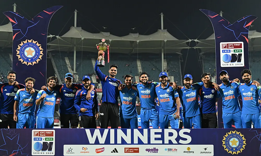 India's team players celebrate with the series trophy after their victory at the end of the third one-day international (ODI) cricket match between India and Afghanistan in the MA Chidambaram Stadium of Chennai on June 20, 2026. Photo: AFP