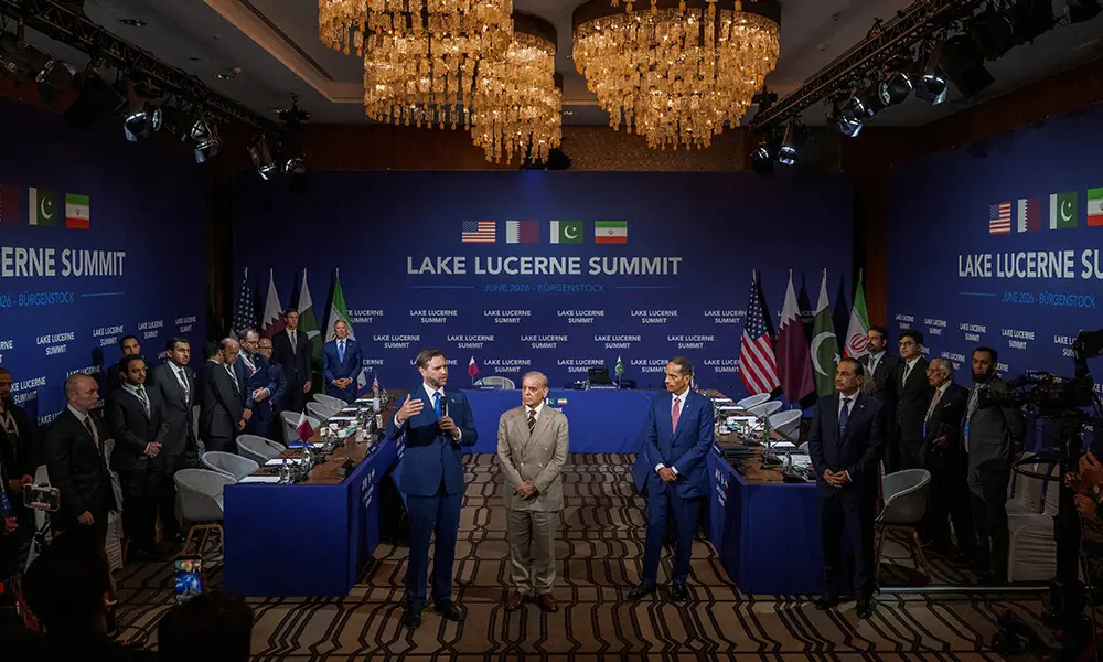 US Vice President JD Vance speaks next to Prime Minister Shehbaz Sharif, Qatar's Prime Minister Sheikh Mohammed bin Abdulrahman bin Jassim al-Thani and Chief of Army Staff Field Marshal Asim Munir during a quadrilateral meeting between the United States, Iran, Pakistan and Qatar at the Burgenstock luxury hotel complex overlooking Lake Lucerne, Switzerland, on June 21, 2026. Photo: AFP US Vice President JD Vance speaks next to Prime Minister Shehbaz Sharif, Qatar's Prime Minister Sheikh Mohammed bin Abdulrahman bin Jassim al-Thani and Chief of Army Staff Field Marshal Asim Munir during a quadrilateral meeting between the United States, Iran, Pakistan and Qatar at the Burgenstock luxury hotel complex overlooking Lake Lucerne, Switzerland, on June 21, 2026. Photo: AFP