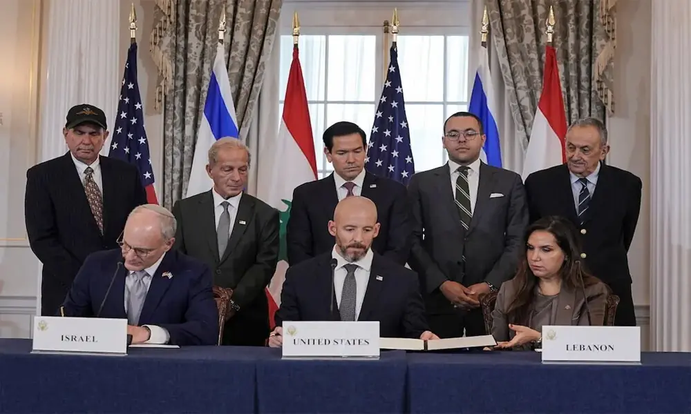 US Secretary of State Marco Rubio looks on as State Department Counselor Daniel Holler, Israel's Ambassador to the US Yechiel Leiter and Lebanon's Ambassador to the U.S. Nada Hamadeh sign a framework agreement between Israel and Lebanon, at the State Department in Washington, DC, US, June 26, 2026. Reuters