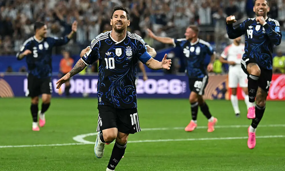 Argentina's forward #10 Lionel Messi celebrates scoring his team's third goal during the 2026 World Cup Group J football match between Jordan and Argentina at the Dallas Stadium in Arlington on June 27, 2026. Photo: AFP