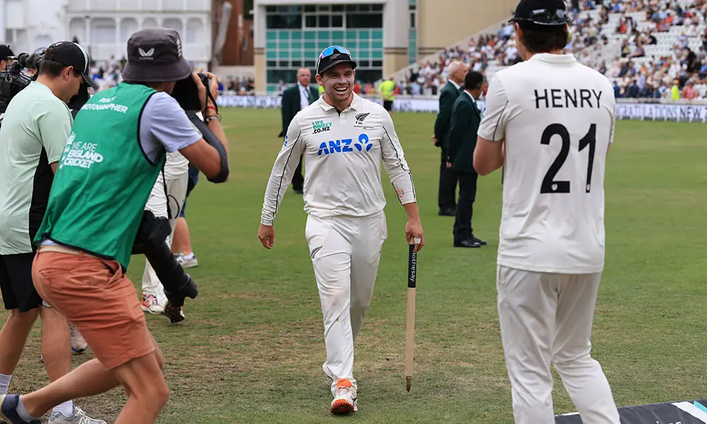New Zealand's Tom Latham (C) leaves the field after beating England on the fifth day of the third Test cricket match between England and New Zealand at Trent Bridge in Nottingham on June 29, 2026. Photo: AFP