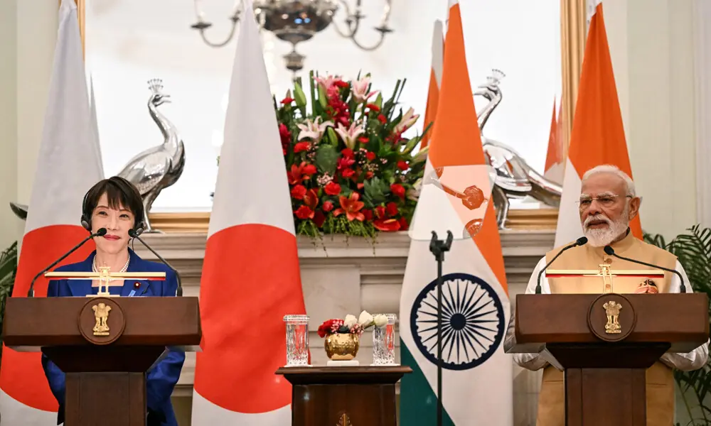 Japan's Prime Minister Sanae Takaichi (L) listens as India's Prime Minister Narendra Modi speaks during their joint press statements after their meeting at the Hyderabad House in New Delhi on July 2, 2026. Photo: AFP Japan's Prime Minister Sanae Takaichi (L) listens as India's Prime Minister Narendra Modi speaks during their joint press statements after their meeting at the Hyderabad House in New Delhi on July 2, 2026. Photo: AFP