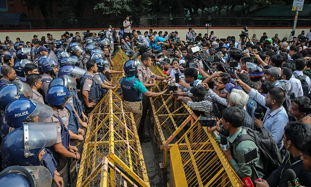 Police stand guard behind barricades as Higher Secondary Certificate (HSC) examinees protest near the Secretariat in Dhaka on July 15, 2026. Photo: AFP Police stand guard behind barricades as Higher Secondary Certificate (HSC) examinees protest near the Secretariat in Dhaka on July 15, 2026. Photo: AFP