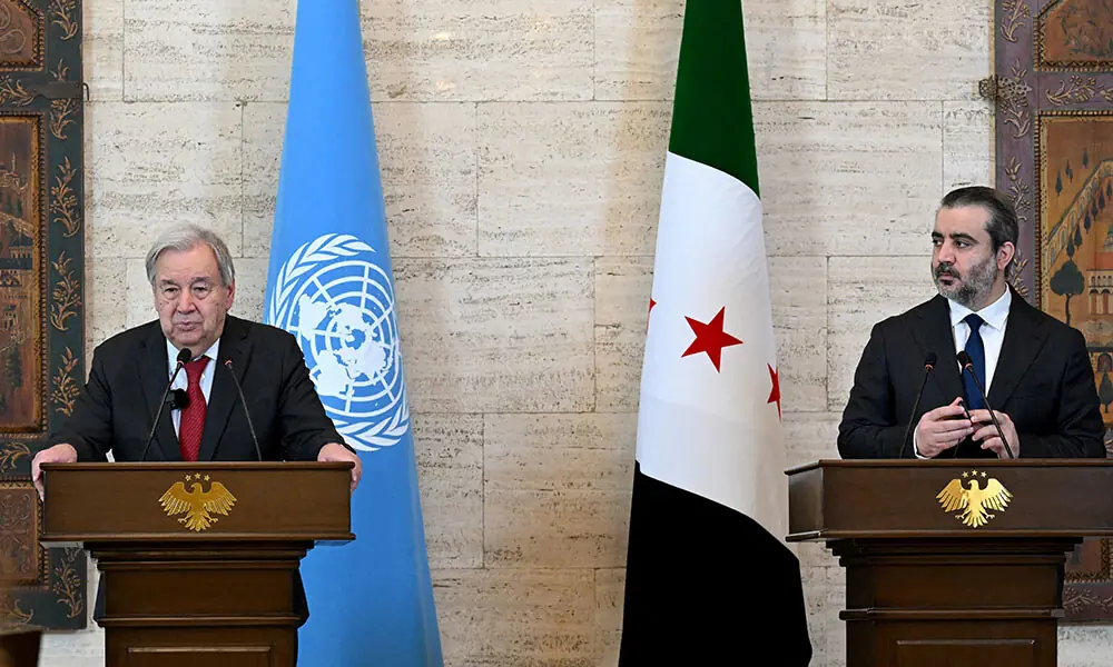 UN Secretary-General Antonio Guterres (L) and Syria's Foreign Affairs Minister Asaad al-Shaibani hold a joint press conference following their meeting at the Tishreen Palace in the Syrian capital Damascus on July 25, 2026. Photo: AFP UN Secretary-General Antonio Guterres (L) and Syria's Foreign Affairs Minister Asaad al-Shaibani hold a joint press conference following their meeting at the Tishreen Palace in the Syrian capital Damascus on July 25, 2026. Photo: AFP