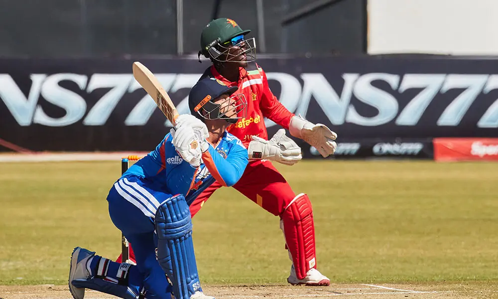 India's Vaibhav Sooryavanshi watches the ball after playing a shot during the third Twenty20 international cricket match between Zimbabwe and India at Harare Sports Club in Harare, on July 26, 2026. Photo: AFP