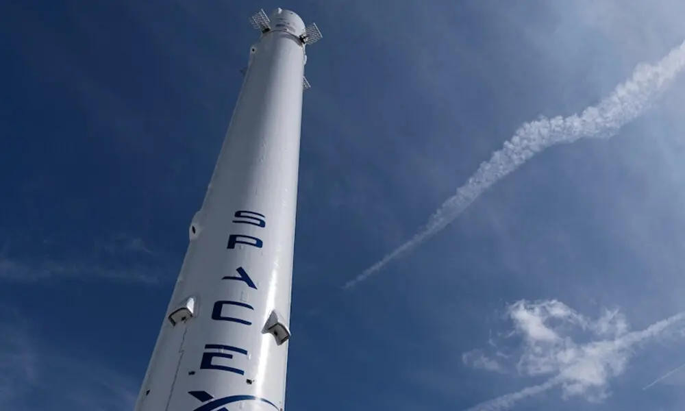 The SpaceX Falcon 9 rocket booster outside the company&rsquo;s facility in Hawthorne, California, April 23, 2026. REUTERS