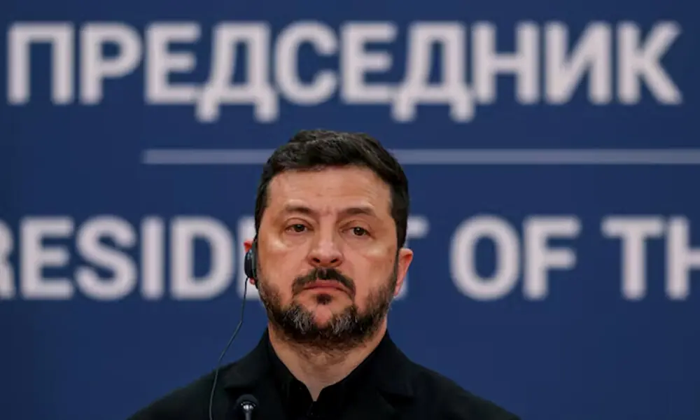 Ukrainian President Volodymyr Zelenskiy attends a press conference with Serbian President Aleksandar Vucic (not pictured) during his visit to Belgrade, Serbia, August 8, 2026. REUTERS