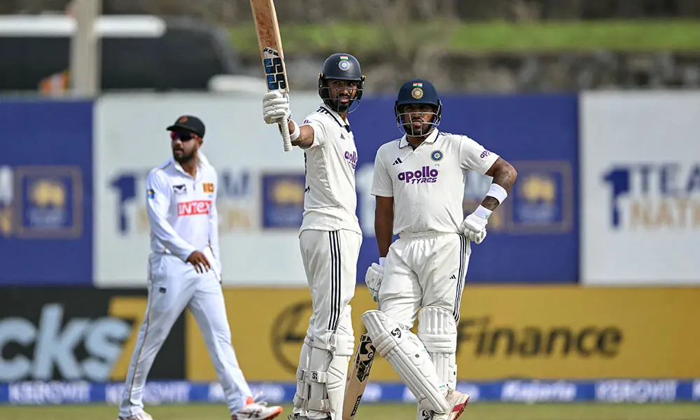 India's Devdutt Padikkal (C) celebrates after scoring 150 runs as teammate Dhruv Jurel (R) watches during the second day of the first Test cricket match between Sri Lanka and India at the Galle International Stadium in Galle on August 16, 2026. Photo: AFP India's Devdutt Padikkal (C) celebrates after scoring 150 runs as teammate Dhruv Jurel (R) watches during the second day of the first Test cricket match between Sri Lanka and India at the Galle International Stadium in Galle on August 16, 2026. Photo: AFP