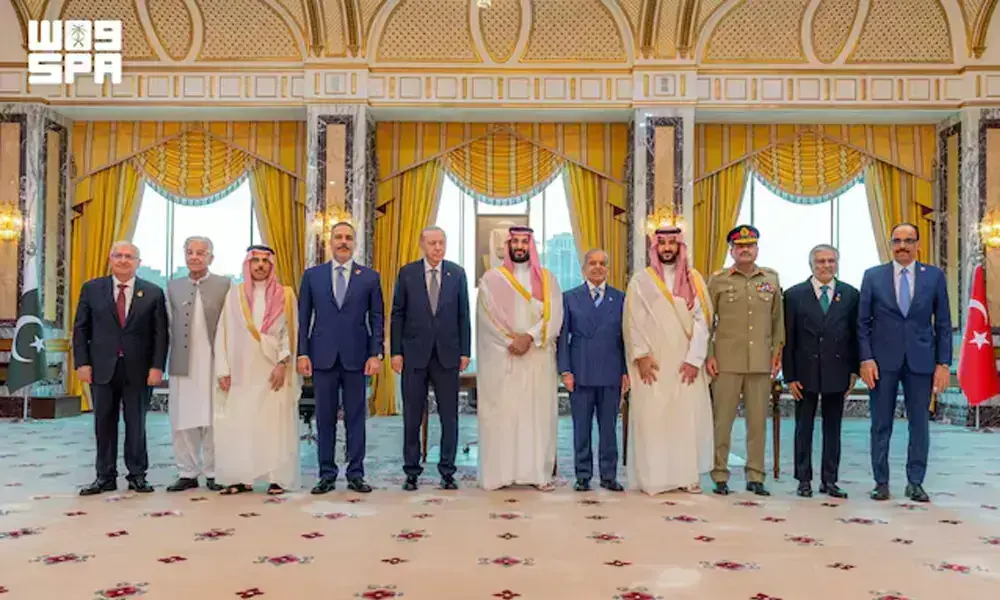 Turkish President Tayyip Erdogan, Saudi Crown Prince Mohammed bin Salman, and Pakistan's Prime Minister Shehbaz Sharif, accompanied by their ministers of Foreign Affairs and Defence, pose after signing a joint defence agreement in Makkah, Saudi Arabia, August 7, 2026. REUTERS Turkish President Tayyip Erdogan, Saudi Crown Prince Mohammed bin Salman, and Pakistan's Prime Minister Shehbaz Sharif, accompanied by their ministers of Foreign Affairs and Defence, pose after signing a joint defence agreement in Makkah, Saudi Arabia, August 7, 2026. REUTERS