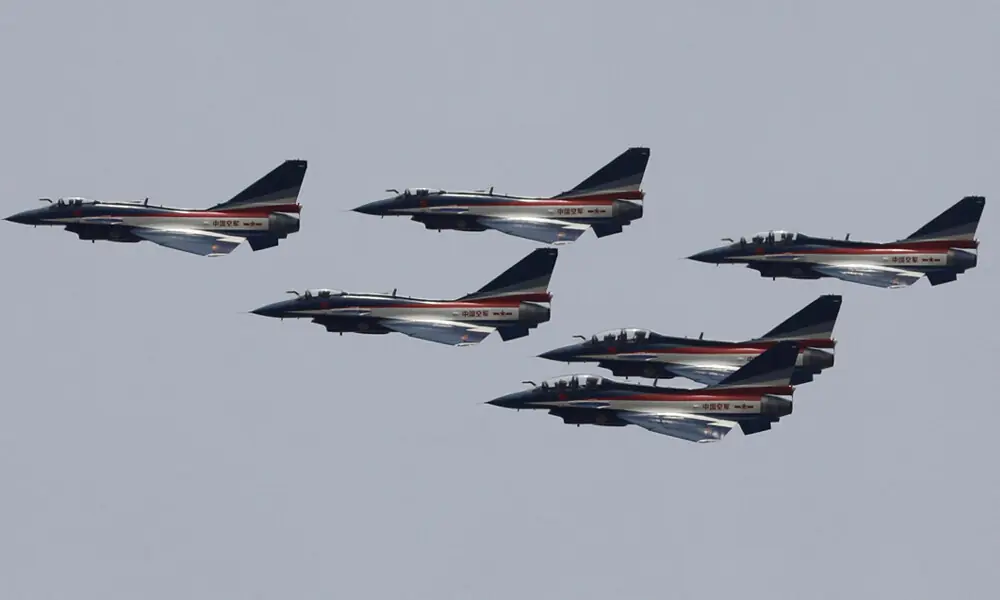 J-10 fighter jets from the Chinese military aerobatics team perform during a rehearsal, March 18, 2019. REUTERS J-10 fighter jets from the Chinese military aerobatics team perform during a rehearsal, March 18, 2019. REUTERS