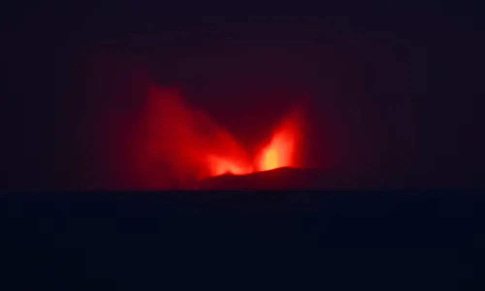 Mount Anak Krakatau volcano spews hot lava as seen from Pasauran village in Serang, Banten province, Indonesia, September 5, 2026. REUTERS