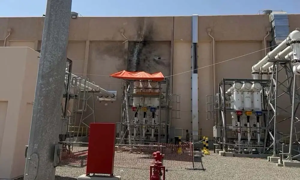Damage to the Taiba power distribution station, which Saudi authorities said was caused by a drone attack by the Houthis, in this handout photo taken on September 29, 2026, in Madina, Saudi Arabia, and released on October 1, 2026. Saudi Press Agency/Handout via Reuters
