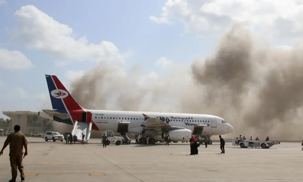 File photo of strike on Aden airport. Credit: Reuters Photo