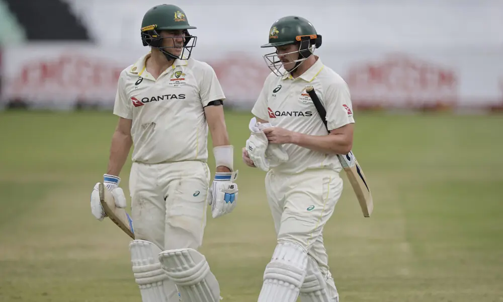 Australia's Pat Cummins (L) and teammate Matt Renshaw (R) leave the pitch on day one of the first Test match between South Africa and Australia at the Kingsmead stadium in Durban on October 9, 2026. Photo. AFP Australia's Pat Cummins (L) and teammate Matt Renshaw (R) leave the pitch on day one of the first Test match between South Africa and Australia at the Kingsmead stadium in Durban on October 9, 2026. Photo. AFP