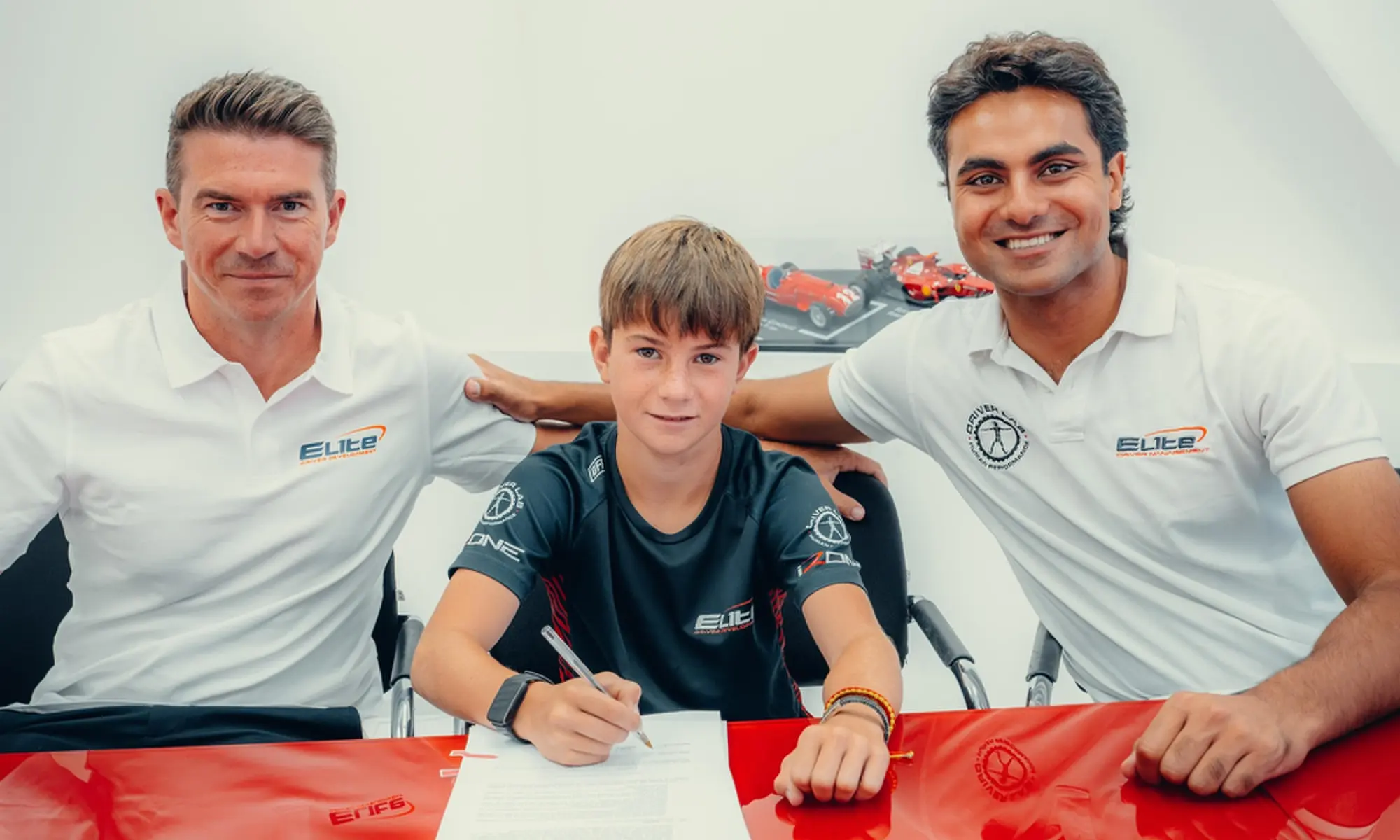 Enaam Ahmed (right), Daniel Mirón Lorente (centre) and Dan Hazlewood (left). Photo: Elite Driver Development Enaam Ahmed (right), Daniel Mirón Lorente (centre) and Dan Hazlewood (left). Photo: Elite Driver Development