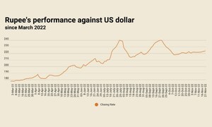 Rupee continues to fall, settles at 223.66 against US dollar